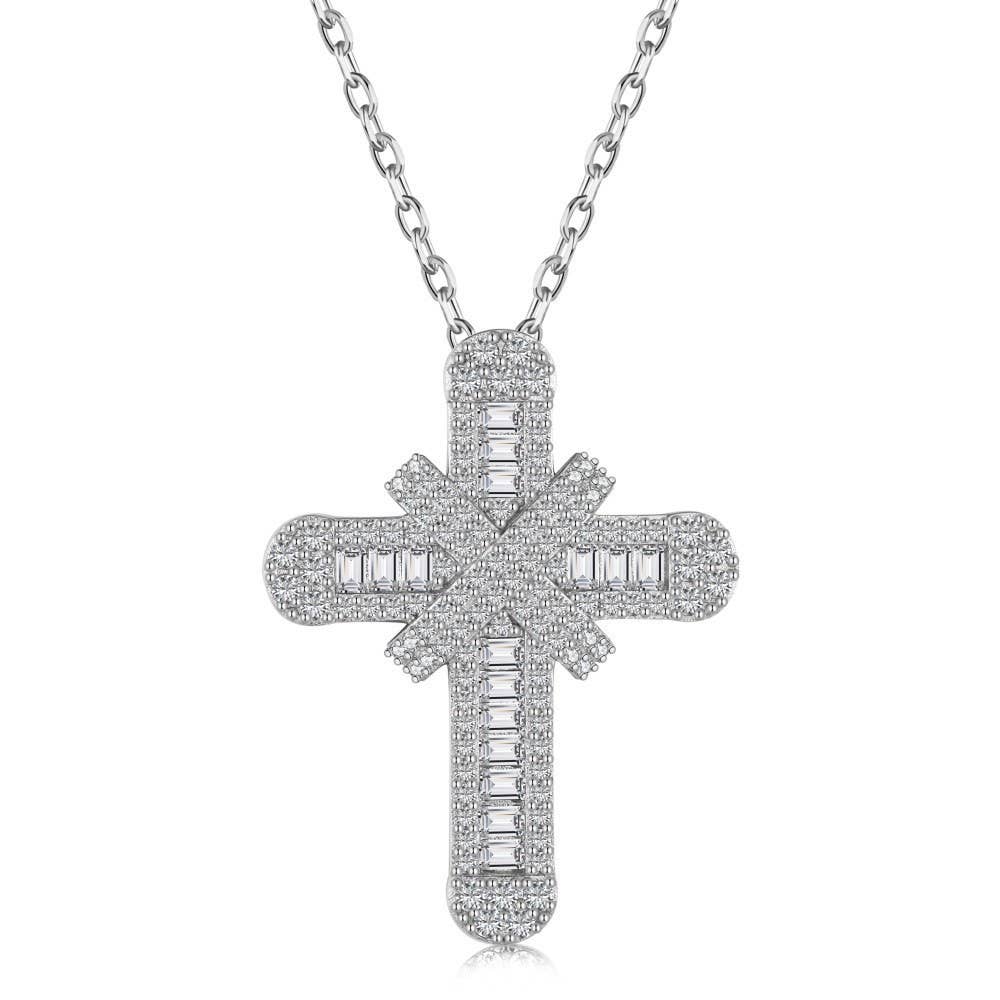 Elegant Baguette Cross Pendant Necklace, Silver