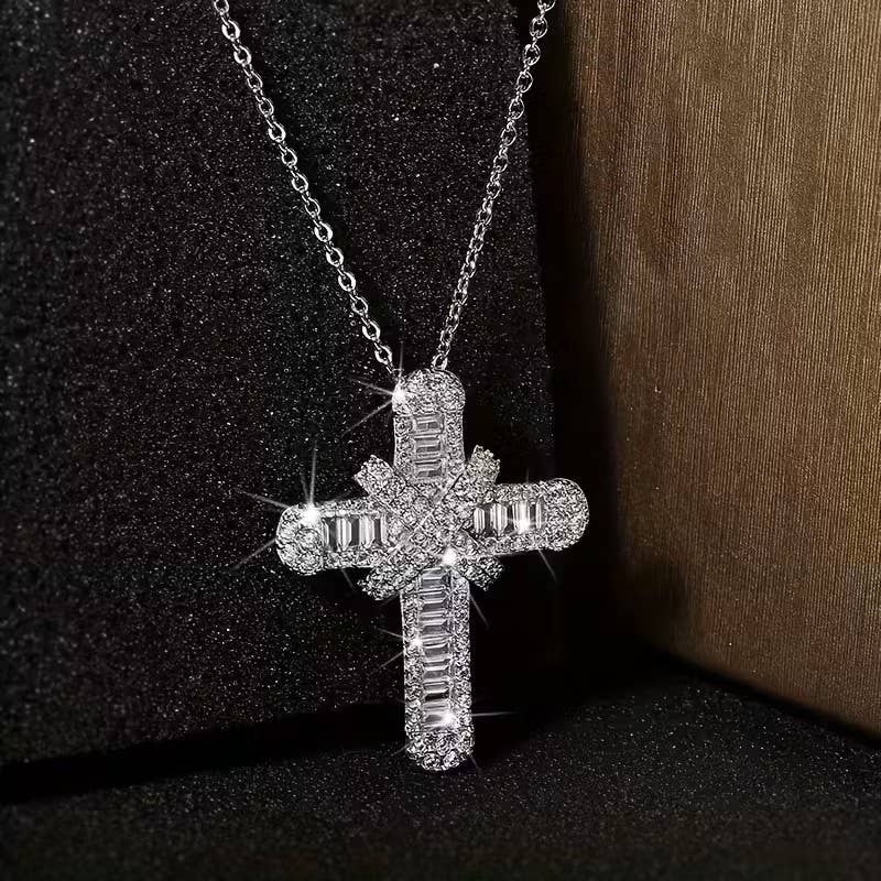 Elegant Baguette Cross Pendant Necklace, Silver