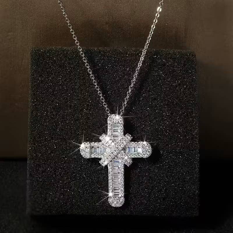 Elegant Baguette Cross Pendant Necklace, Silver