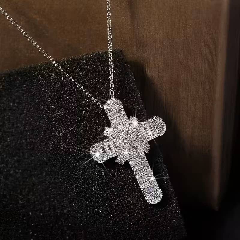 Elegant Baguette Cross Pendant Necklace, Silver